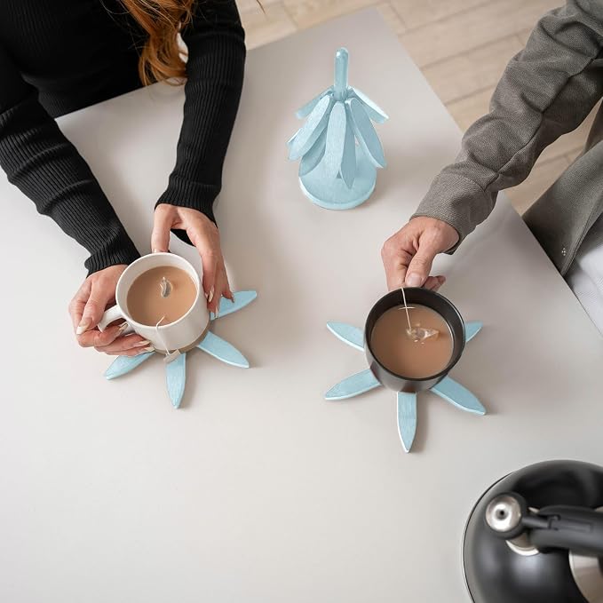 Wooden Trivets for Hot Dishes – Tree Trivet Set with 4 Foldable Wooden Trivets & 1 Stand, Heat-Resistant, Space-Saving Trivet Tree for Pots, Bowls & Teapots (Soft Aqua)