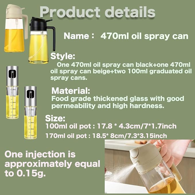 Honimered 3PCS 2 in 1 Oil Dispenser and Oil Sprayer,Oil Dispenser for Kitchen Spray,470ml Olive Oil Bottle,Cooking, Kitchen, Salad, Deep frying, Vinegar, Barbecue Spray Bottle (3PCS 100ml Silver)