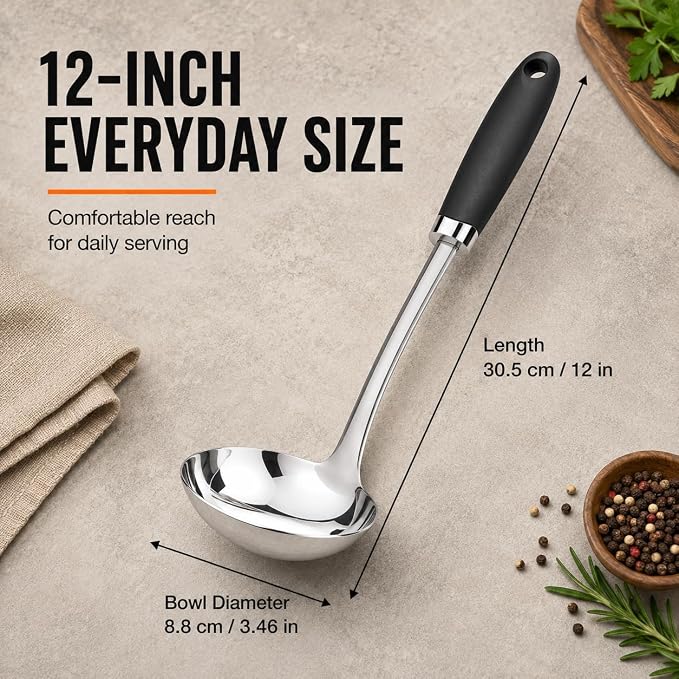 Stainless Steel Soup Ladle, 12 Inch Metal Ladle Spoon with Ergonomic Handle for Soup, Stew, Sauce, Chili, Gravy and Serving, Dishwasher Safe