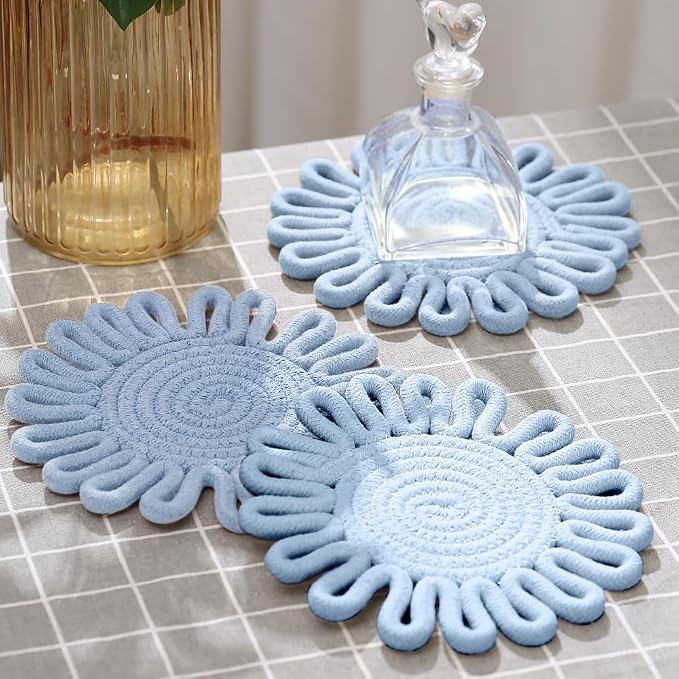 Kitchen Trivets for Hot Dishes Potholders for Countertop Hot Pads Hot Mats or Trivets for Hot Pots and Pans Home Essentials Boho Farmhouse Kitchen Decor Set of 3, 100% Cotton,7.5" (Dusty Blue)