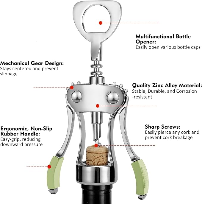 KORCCI Wine Opener, Heavy-Duty Zinc Alloy Wing Corkscrew, Premium Beer Bottle Opener, Multifunctional Wine Accessories with Ergonomic Handle and Sharp Screw, for Kitchen, Bar, Restaurant (GREEN)