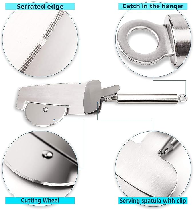 Pizza Cutter Wheel 4 in 1 design, Super Sharp Slicer, very easy to Cut & Serve, all Stainless Steel, Dishwasher safe