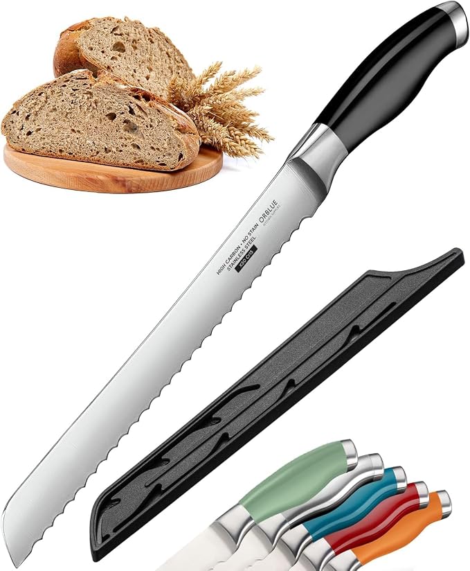 Orblue Bread Knife, 10-Inch Serrated Stainless Steel – Ultra Sharp for Crusty Artisan Bread, Bagels, Cakes & Pastries – Non-Slip Handle Slicer, Black