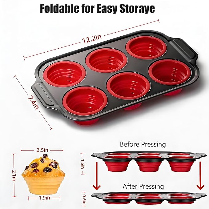 Muffin Pan, 6-Cup Nonstick Silicone Muffin Pans for Baking, Food-Grade Cupcake Pan for Oven, Microwave, Dishwasher Safe, BPA-Free Silicone Baking Mold for Muffins, Cupcakes, Egg Muffins