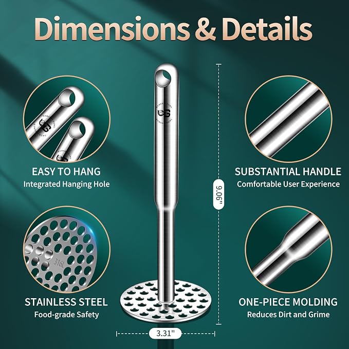 316L Potato Masher Stainless Steel, BOMANSI BOMS Sturdy Mashed Potato Masher Kitchen Tool, Solid Integrated Potatoes Smasher for Beans, Avocados, Squash, Dishwasher Safe