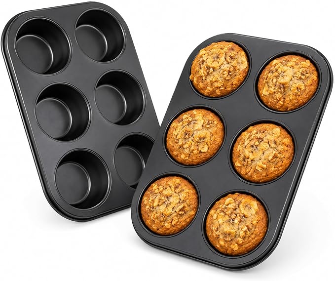 Premium Non-Stick Muffin Baking Pan,6-Cup cake Pan Set of 2(Black) | Even Heat Distribution,Rustproof & Dishwasher Safe,Food-Grade 304 Stainless Steel Muffin Mold for Home Baking,Ideal Gift