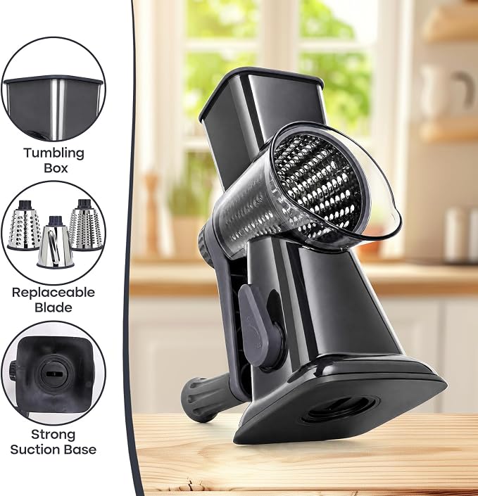 Rotary Cheese Grater,Cheese Shredder Hand Crank, Manual Cheese Grater for Veggies, 3-Blade Grater, Home Kitchen Appliances and Kitchen Gadgets (Black)