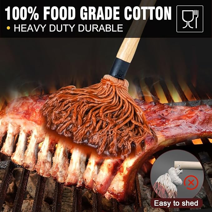 Walfos BBQ Mop Brushes for Sauce, Grilling Basting Mop Wooden Long Handle with 3 Heads, for Grilling, Barbecue, Smoking Steak (18")
