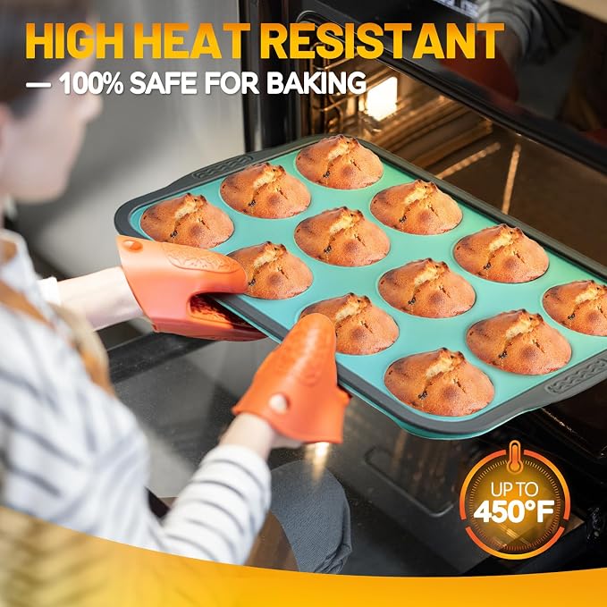Silicone Muffin Pan, 12 Cups Non-Stick Cupcake Pan, Food-Grade BPA-Free Muffin Tin, Oven-Safe 450 °F, Reinforced Steel Frame, Easy-Grab Handles, Quick-Release 2.3" Baking Molds for Mini Treats