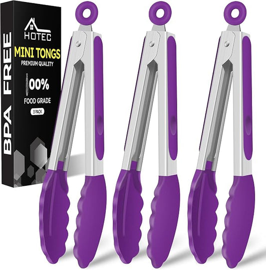 Hotec Mini Silicone Kitchen Tongs for Cooking - 7-Inch Small Serving Tongs with Silicone Tips, Set of 3 (Purple)