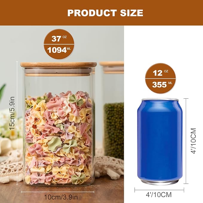 Liuruiyu 6 Pack Glass Food Storage Jars 37 oz,Glass Storage Containers Clear Glass Food Canister with Bamboo Lid Airtight For Serving Tea, Coffee, Flour, Sugar, Candy, Cookie, Spice and More (Square)