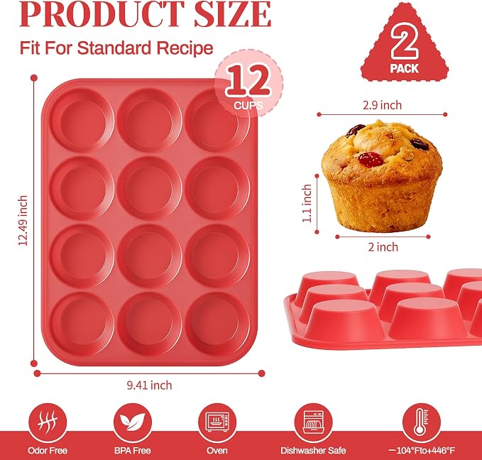 2Pack Silicone Muffin Pans with Metal Reinforced Frame,12 Cup Regular Size Silicone Cupcake Pan,Muffin Tin,Nonstick Cupcake Baking Molds for Muffins,Cupcakes,Egg Bites,BPA Free (2Pack Red)