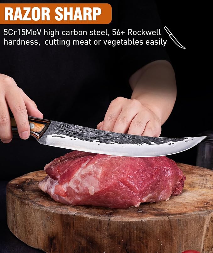 Naitesen 7PCS Butcher Knife and Kitchen Knife with Roll Bag | Hand Forged Heavy Duty Meat Cleaver Serbian Chef Knife Breaking Knife Boning Knife for Meat Cutting BBQ Gifts for Men Women