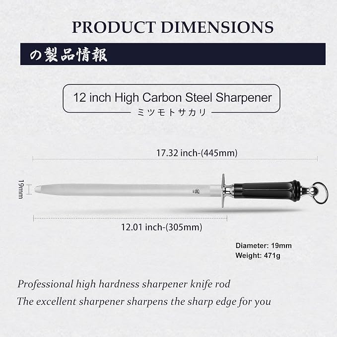 MITSUMOTO SAKARI 12 inch Japanese Honing Steel - Flat Diamond Knife Sharpening Rod, Professional High Carbon Sharpener with ABS Handle & Powerful Magnet | Long flat diamond surface for broader contact, high carbon steel rod, ABS handle and built-in magnet