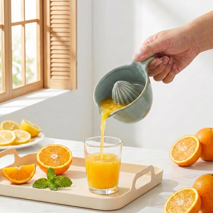 4 inch Ceramic Lemon Squeezer-Manual Citrus Juicer with Handle and Easy Pour Spout for Lemon,Orange, Lime&Grapefruit-Easy to Clean Hand Press Juicer,Microwave&Dishwasher Safe,Lead-Free (Green)