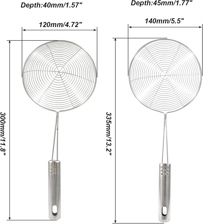 Set of 2 Stainless Steel Spider Strainer Skimmer Pasta Strainer Spoon for Frying and Cooking, Asian Strainer Ladle with Long Handle, 4.7" & 5.5" Dia.