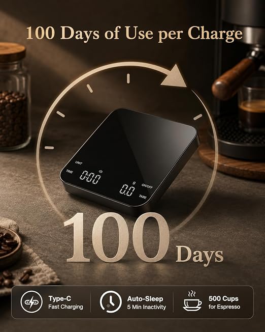 Coffee Scale with Timer, 0.1g Precision Mini Espresso Scale | USB-C Rechargeable Digital Kitchen Gram Meter, 6 Units, Fits Drip Tray, for Pour Over, Barista, Matcha (Black, 0.3-2000g)
