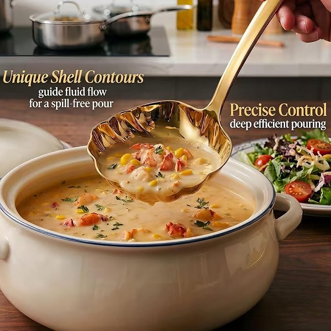 Gold Soup Ladle Set of 2, Premium 18/10 Stainless Steel Sauce Ladle with Artistic Shell-Shaped Design, 9-Inch Small Ladle for Serving Soup, Gravy and Sauce, Mirror Polished, Dishwasher Safe