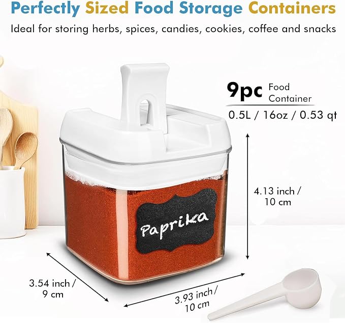 Shazo 9 PC Airtight Food Storage Containers - BPA Free Clear Plastic Snack & Spice Containers with Easy Lock Lids - Kitchen and Pantry Organization for Herbs, Coffee, Tea - 0.5L / 2.1 Cups
