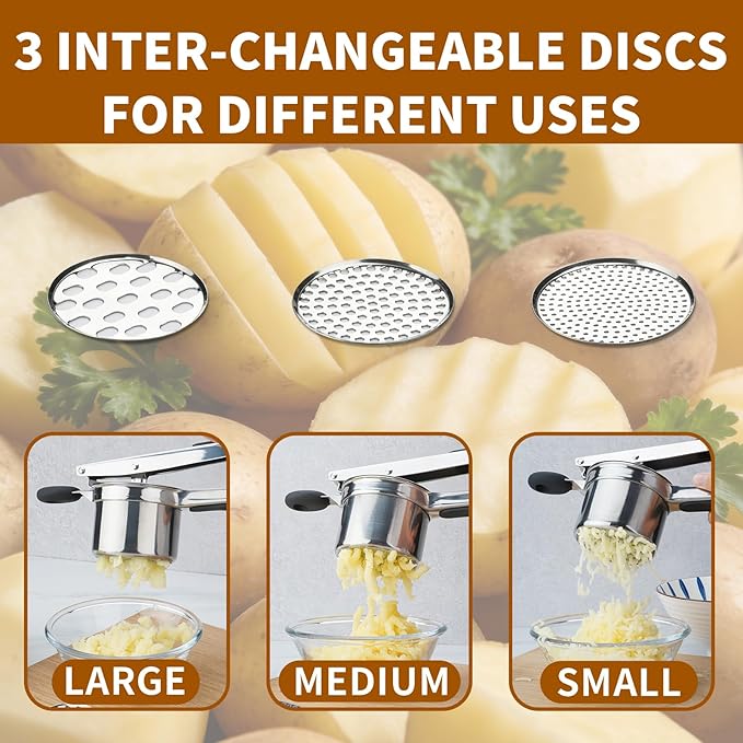 15oz Potato Ricer Heavy Duty Stainless Steel 3 Interchangeable Discs Potato Masher Spaetzle Maker with Silicone Handle Potato Press Kitchen Tool Ricer for Mashed Potatoes for Kitchen
