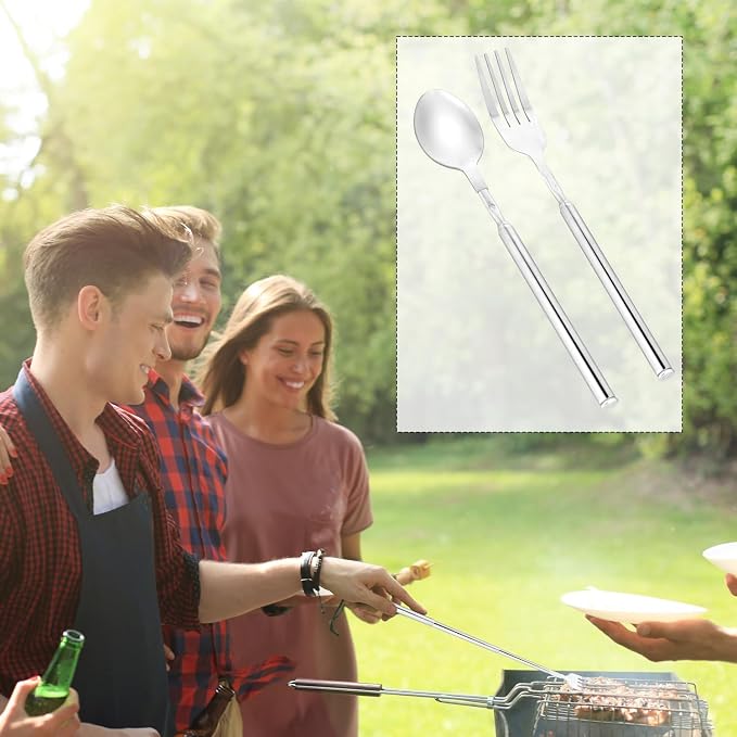 Telescopic Cooking Mixing Spoon Fork Set, Long Stainless Steel Retractable Fork and Spoon Set Extendable Dinner Fruit Dessert Fork Spoon Stretchable Cutlery for Barbecue Tableware(Spoon+Fork)