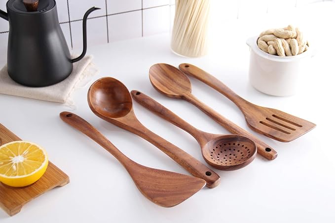 6Pcs Wooden Spoons for Cooking, Wood Kitchen Utensil Set with Holder, Natural Acacia Wood, Heat Resistant, Non-Stick, Wooden Cooking Utensils Set for Mom, Wife Cooking Gifts