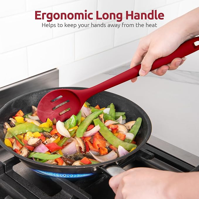 600ºF Heat Resistant Slotted Spoon: U-Taste 13.3in Solid Kitchen Cooking Spoon, Nonstick Food Grade Large & Long Rubber Utensil for Mixing, Serving, Stirring, Basting, Frying, Draining (Red)