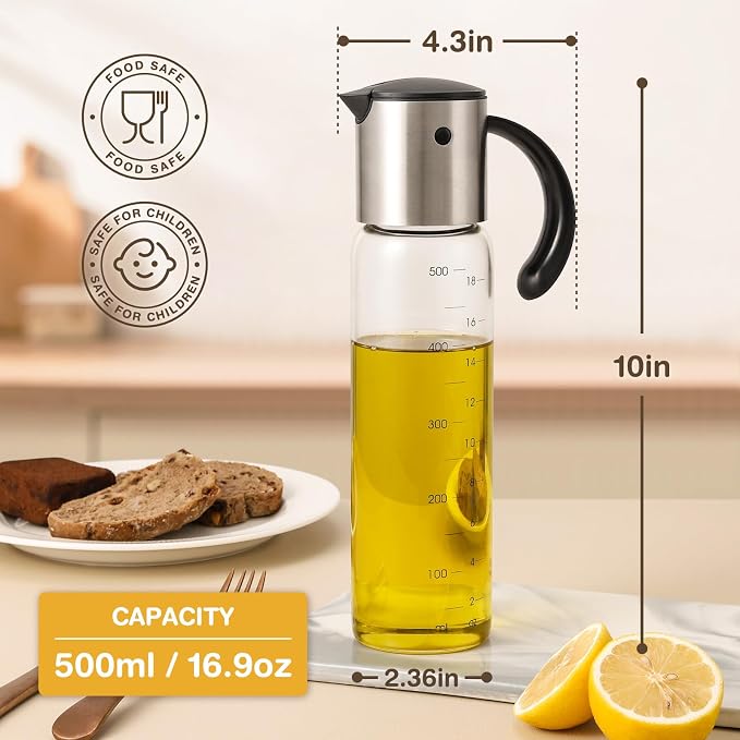 Vucchini Large Olive Oil Dispenser Bottle 17 oz Glass | Auto Flip Condiment Container Leakproof Vinegar Dispenser Cruet Stainless Steel
