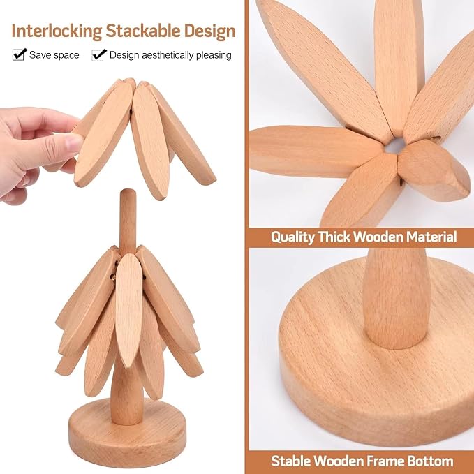 Wooden Cup Coaster Set，Tree Shape Trivet Set,Tree Coasters- 4 Wooden Trivets + 1 Stand stored for hot Dish/Pot/Bowl/teapot/hot Pot Set
