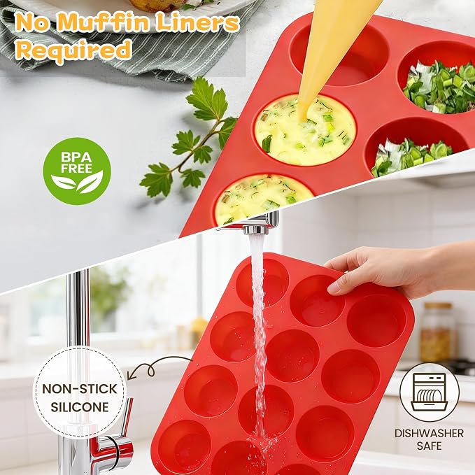 12 Cups Silicone Muffin Pans for Baking Cupcake Pan Nonstick Silicone Molds | Regular size, 1Pack, For Egg Bites, Muffins, Cupcakes, Mini Quiche and so on