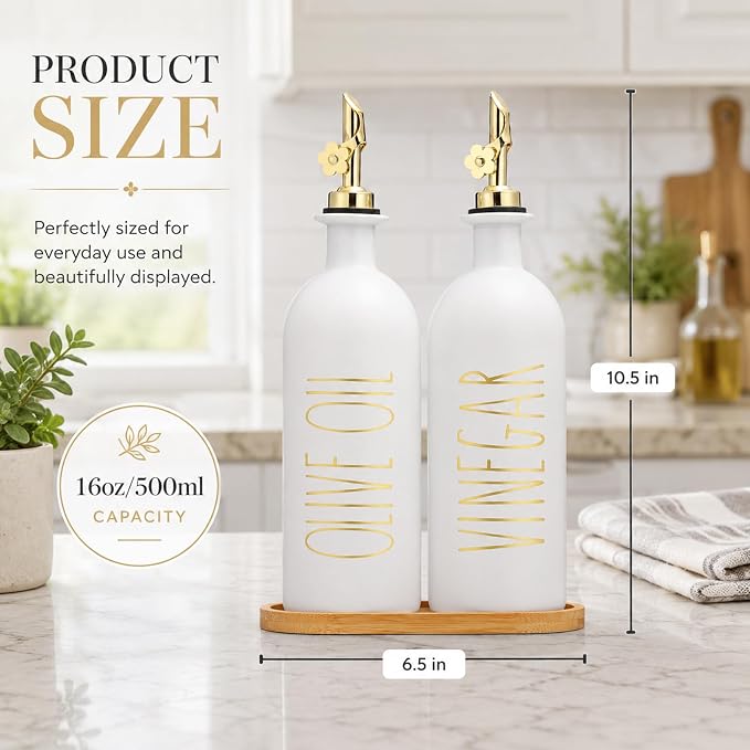 HOMCDALY 16oz Olive Oil Dispenser Bottles for Kitchen, Gold Oil&Vinegar Dispenser Set, Glass Oil Dispenser for Kitchen with Bamboo Tray | Set of 2 (16oz-P-Gold)
