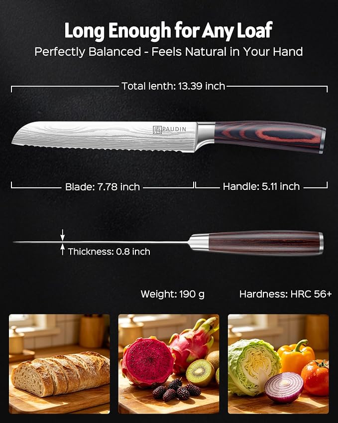 PAUDIN Bread Knife 8", Ultra Sharp Wave Edge - Forged Premium German HC Stainless Steel, Serrated Bread Knife for Homemade Bread and Sourdough Bread, Pakkawood Handle