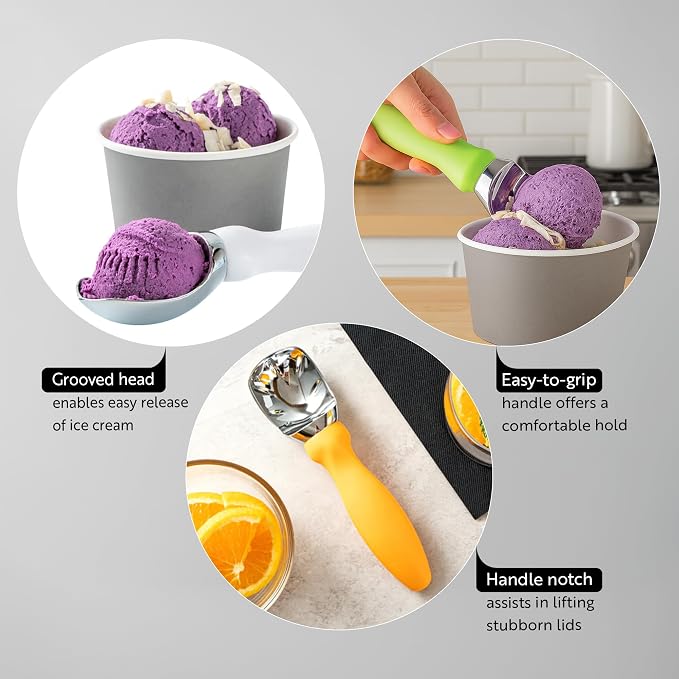 Restaurantware Comfy Grip 7.9 x 2 Inch Kitchen Ice Cream Scoop 1 Heavy-Duty Ice Cream Disher - Ergonomic PP Handle Dishwashable Navy Blue Metal Ice Cream Spade With Lid Opener Notch Multi-Use