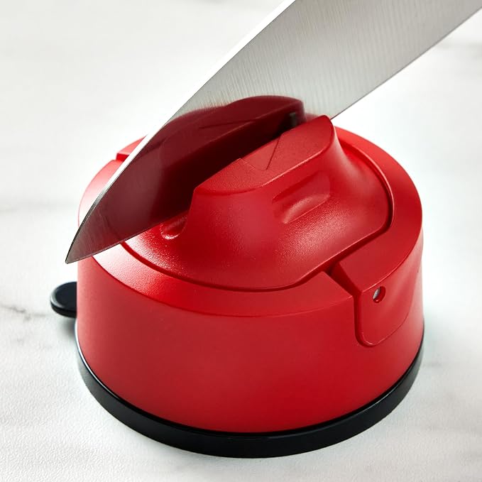 AnySharp – Evo – Hands Free Knife Sharpener - Easy to Use Sharpening Tool with Improved PowerGrip Suction Base and 20-Deg Pre-Set Angle - for All Knives: Chef's, Serrated, and Hardened Steel - Red