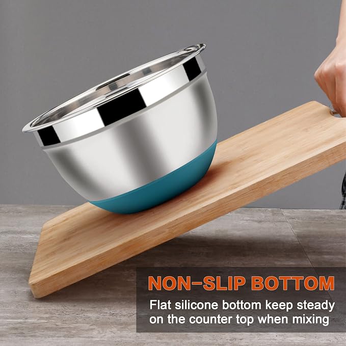 LIANYU Metal Nesting Mixing Bowls Set of 6, Size 7, 3.5, 2.5, 2, 1.5, 1QT | Large Stainless Steel Bowls for Cooking, Baking, Food Storage, Non-slip Bottom & Airtight Lids, Dark Blue