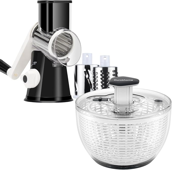 Ourokhome Salad Spinner Lettuce Spinner, One-handed Easy Press Large Salad Dryer Mixer and Rotary Cheese Grater Shredder - 3 Drum Blades Manual Speed Round Food Slicer Nut Grinder