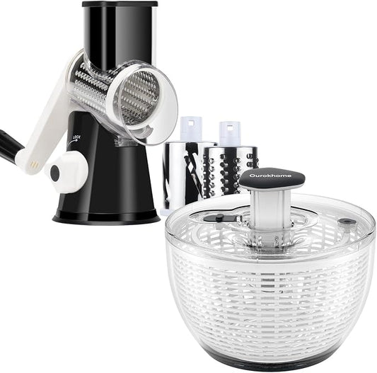 Ourokhome Salad Spinner Lettuce Spinner, One-handed Easy Press Large Salad Dryer Mixer and Rotary Cheese Grater Shredder - 3 Drum Blades Manual Speed Round Food Slicer Nut Grinder
