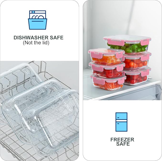 10 Pack Glass Food Storage Containers with Lids, Pink | Meal Prep Containers Set, Airtight Glass Lunch Boxes, BPA-Free, Freezer, Oven, and Microwave Safe