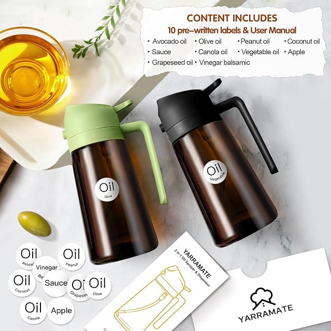 YARRAMATE 16oz/470ml Light Blocking Oil Sprayer for Cooking (Black) | Food-Grade 2 in 1 Olive Oil Dispenser Bottle for Kitchen, Premium Dark Amber Glass Oil Bottle for Air Fryer, BBQ