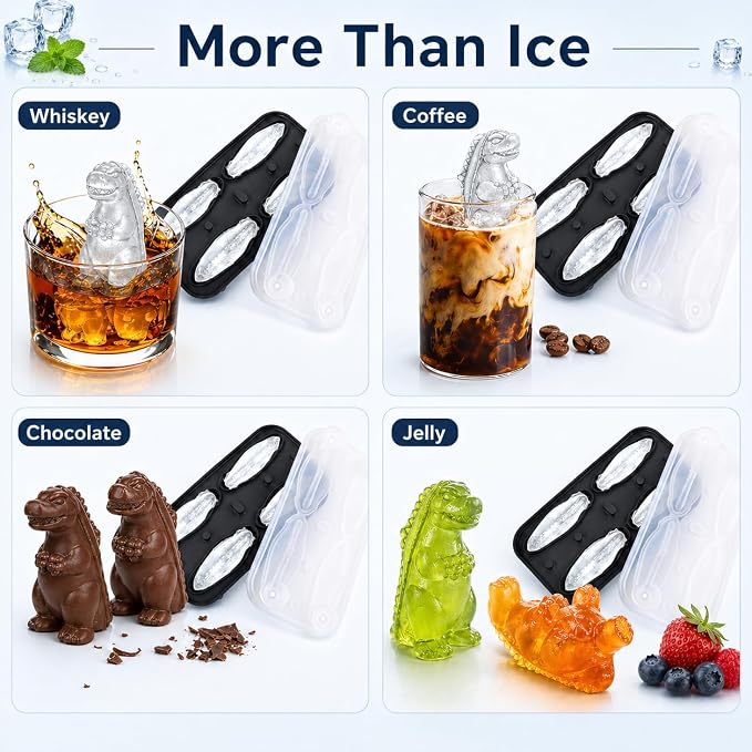 Dinosaur Ice Cube Tray Mold - Cute Fun Whiskey Ice Molds Gift for Women Men | 3D Dinosaur Shape Cute Ice Molds for Whiskey Bourbon, 4-Hole Large Fun Shapes Funny Gifts, for Animals Lovers Women Men
