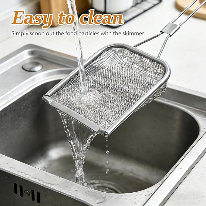 STOBAZA Fine Mesh Skimmer Spoon for Hot Pot and Frying Stainless Steel Fat Skimmer with Long Handle and Hanging Hole Food Strainer for French Fries Poached Eggs Vegetables and Meat 16.92 X 5.11 Inch