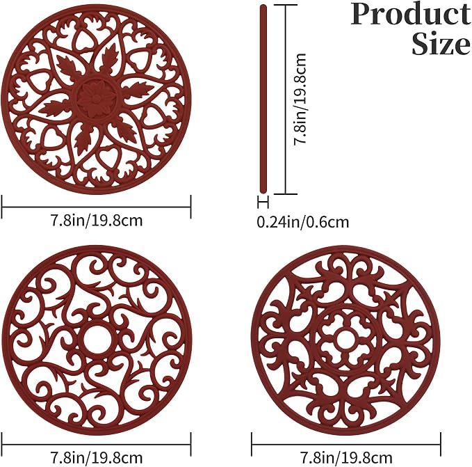 Silicone Trivet Mat, Heat Mat for Hot Pots and Pans, Multi-Use Intricately Carved Hot Pads and Mats, Flexible Modern Kitchen Table Mat, Heat Resistant Round Big Coaster Set of 3 Burgundy
