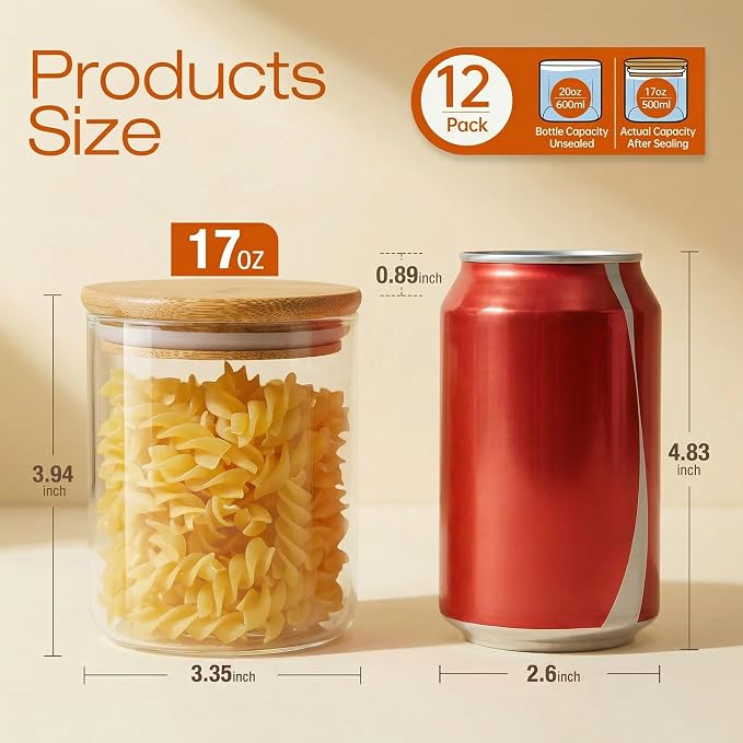 17 oz Glass Jars with Bamboo Lids, Airtight Food Storage Containers, 12Pack | Pantry Jars for Pasta, Rice, Sugar & Flour, Durable Borosilicate Glass Canisters Keep Food Dry & Fresh, Easy to Fill & Clean