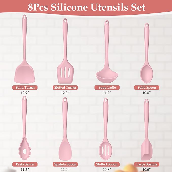 LIANYU Pink Silicone Cooking Utensils Set of 8, Non-Toxic Kitchen Utensils with Spatulas Spoons, Heat Resistant Non-Scratch Kitchen Tool, Healthy & Dishwasher Safe