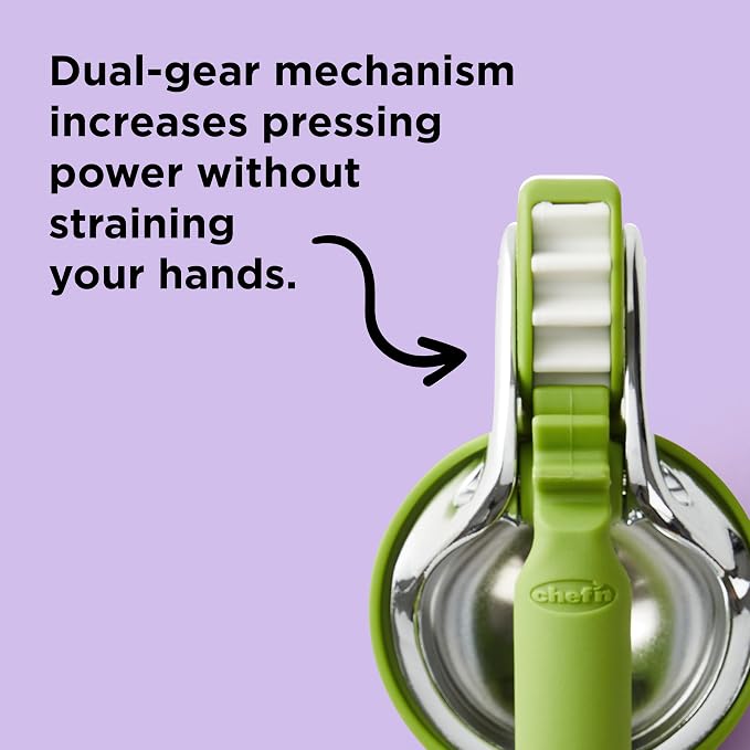 Chef'n FreshForce Lemon Squeezer Citrus Juicer, Manual Hand Press with Dual-Gear Power for Maximum Juice Extraction, Durable, Lime Green