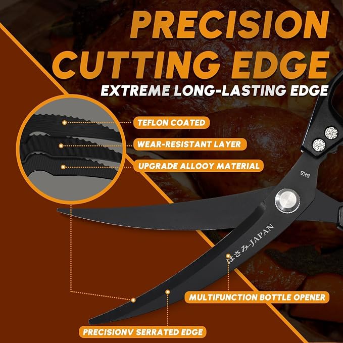 HUUSK Kitchen Scissors Set Black - Stainless Steel Kitchen Shears, Sharp Meat Scissors, Heavy Duty Poultry Shears All Purpose, Japanese Cooking Scissor for Food, Gifts for Men