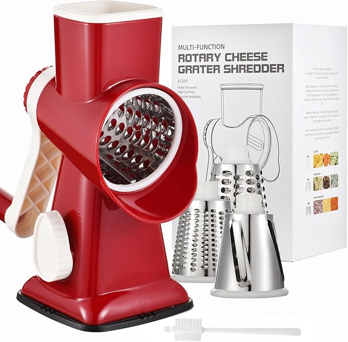 Rotary Cheese Grater Manual Hand Crank 3-in-1 Vegetable Shredder | Finger-safe design, stainless steel drums, suction base. Perfect for cheese, vegetables, nuts & chocolate. Easy to clean