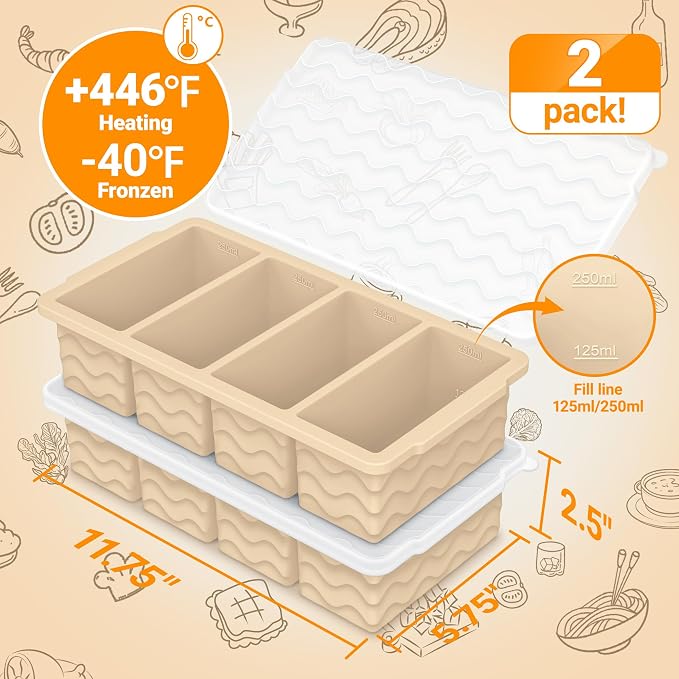 Doasuwish Silicone Freezer Tray for Soup with Lid – 1-Cup Soup Container Cube Style Ice Cube Trays for Freezer, Meal Prep & Food Storage, Freeze 250mL/125mL Portions – 2 Pack