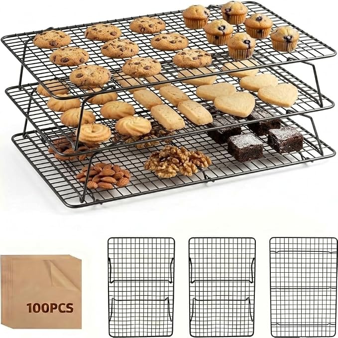 Cooling Racks for Baking, 3-Tier Stackable Stainless Steel Wire Cooling Rack Set of 3 (10"x15") with 100 Paper, Oven Safe Heavy Duty Rust-Resistant Wire Rack for Cookie Sheet Roasting Grilling.