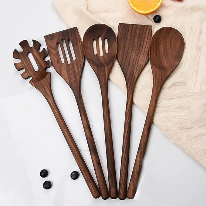 Kitchen Utensils Set 5 Pcs Black Walnut Wooden Cooking Utensils Set Wooden Spoons For Cooking Non-Stick Pan Wood Solid Slotted Spoon Spatula Turner Spaghetti Server Wooden Utensils For Cooking
